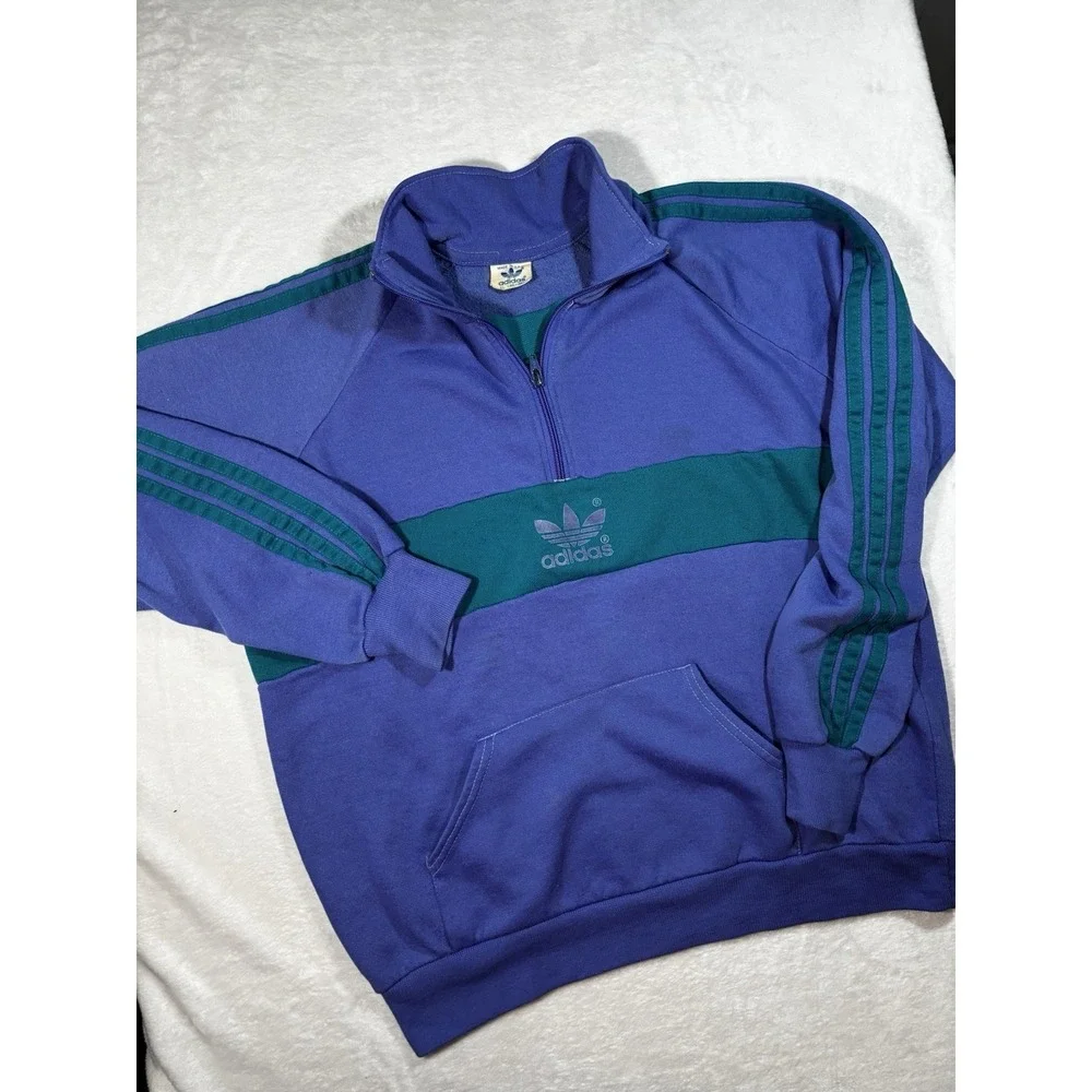 Vintage Made In USA Adidas Size XL Trefoil 3 Stripe Crewneck Pullover 1/4 Zip